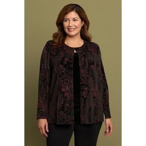 Holiday Party Blouse 2X Black Red Paisley Velvet Sparkle Open Front Jacket Whims